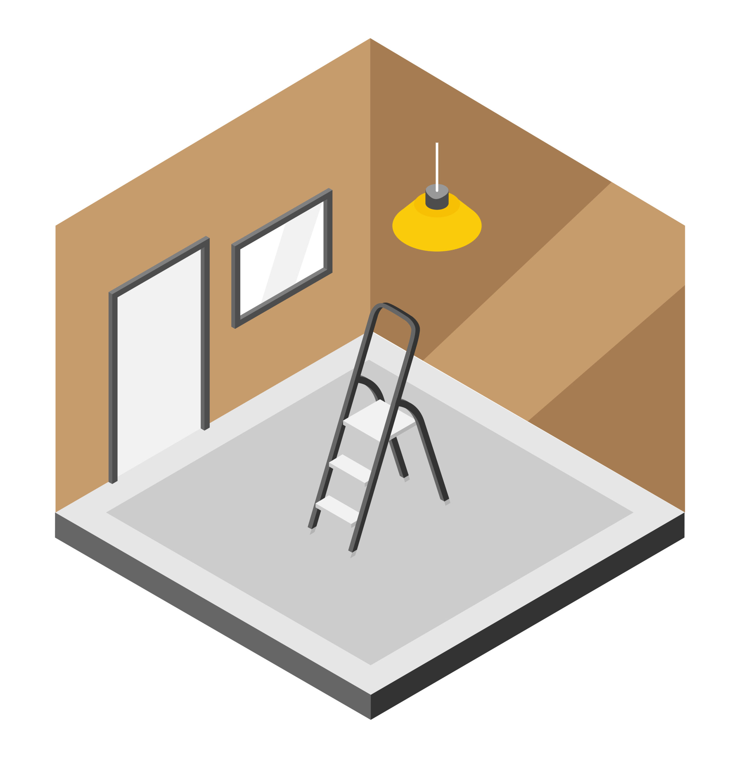 Isometric room with a stepladder, beige walls, a light fixture, and a door, representing professional interior cleaning and maintenance services