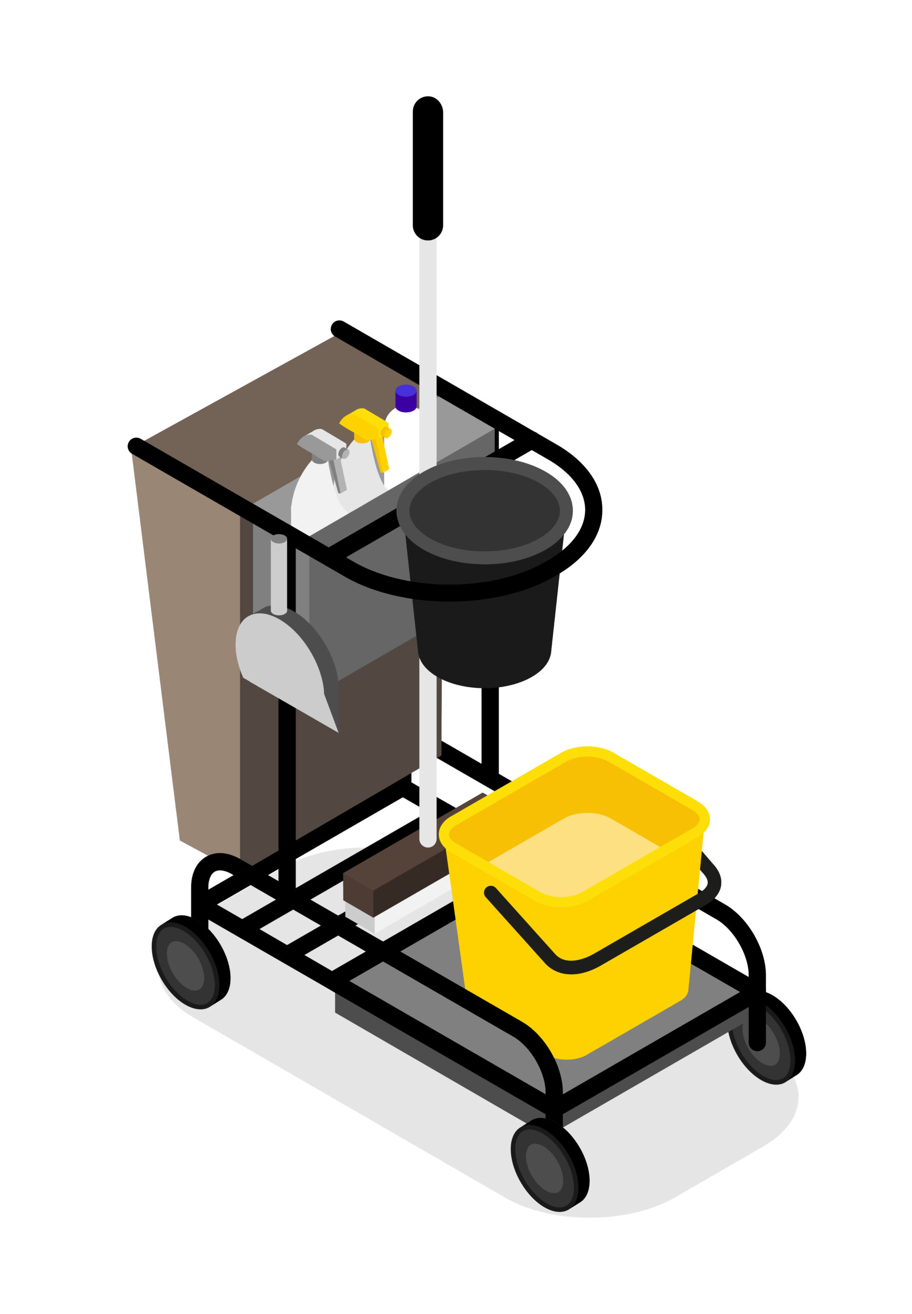 Cleaning cart with a yellow bucket, cleaning sprays, mop, and dustpan, ideal for deep cleaning tasks and professional maintenance services