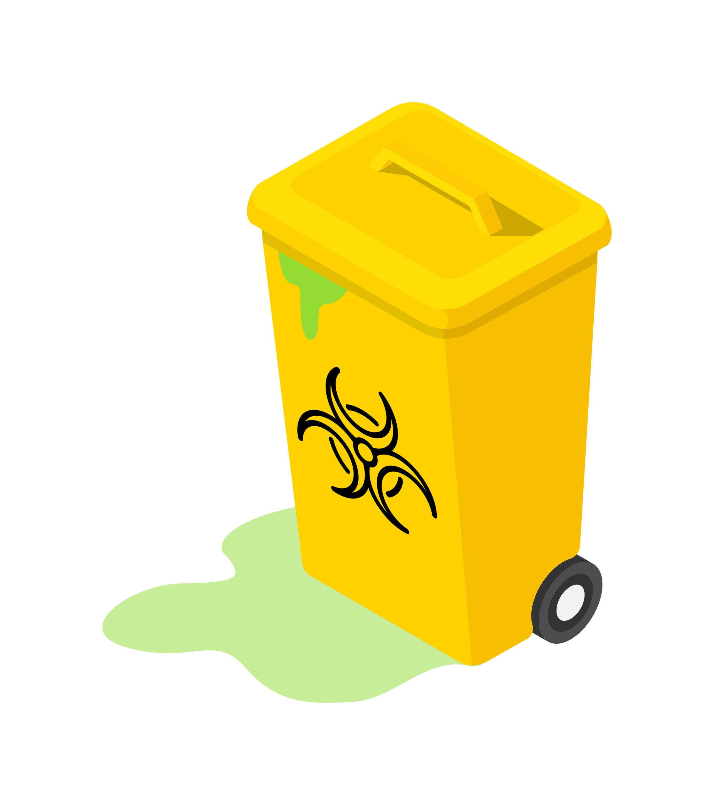 Yellow biohazard waste bin with a biohazard symbol and green liquid spill, representing professional biohazard cleaning services